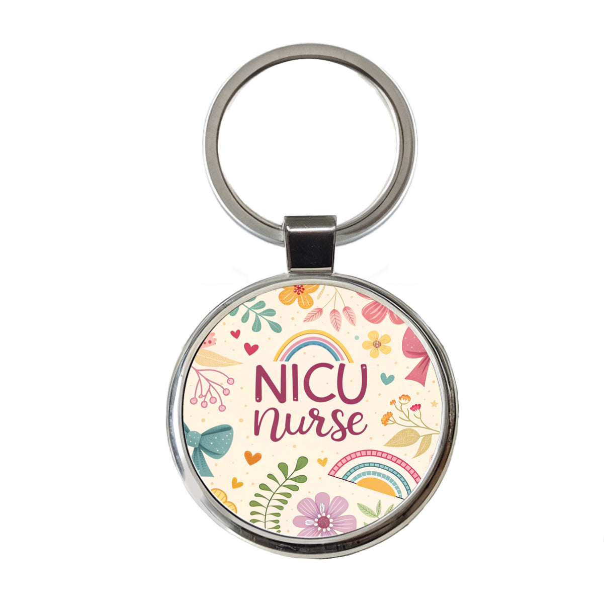 NICU Neonatal Nurse Appreciation Coquette Bows Flowers Round Metal Keychain
