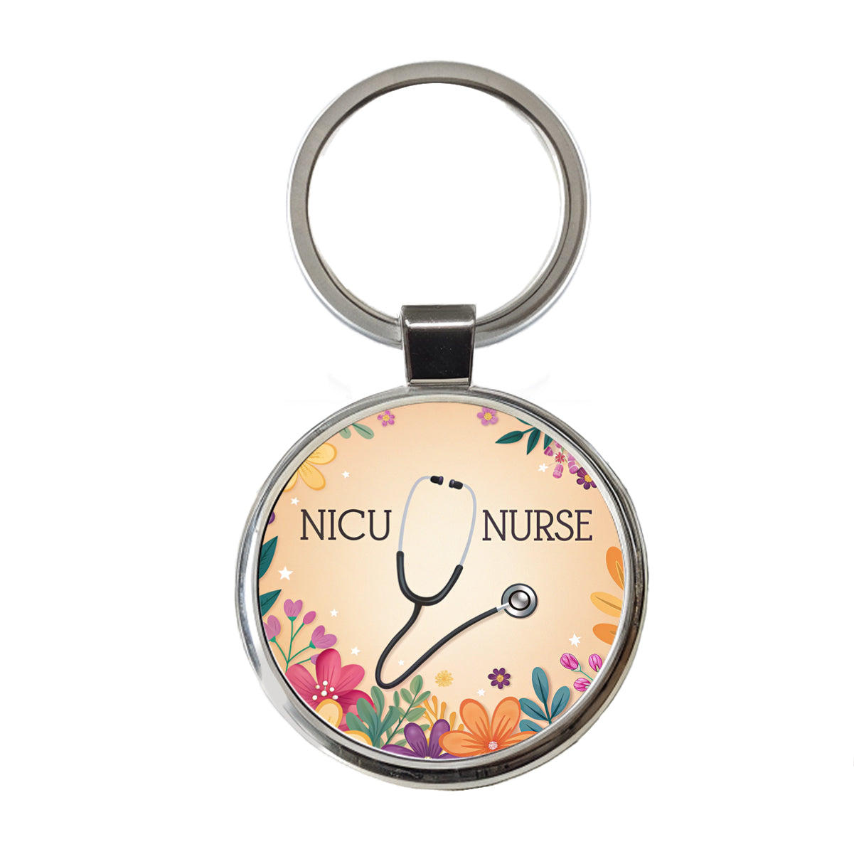 NICU Neonatal Nurse Appreciation Stethoscope Flowers Round Metal Keychain
