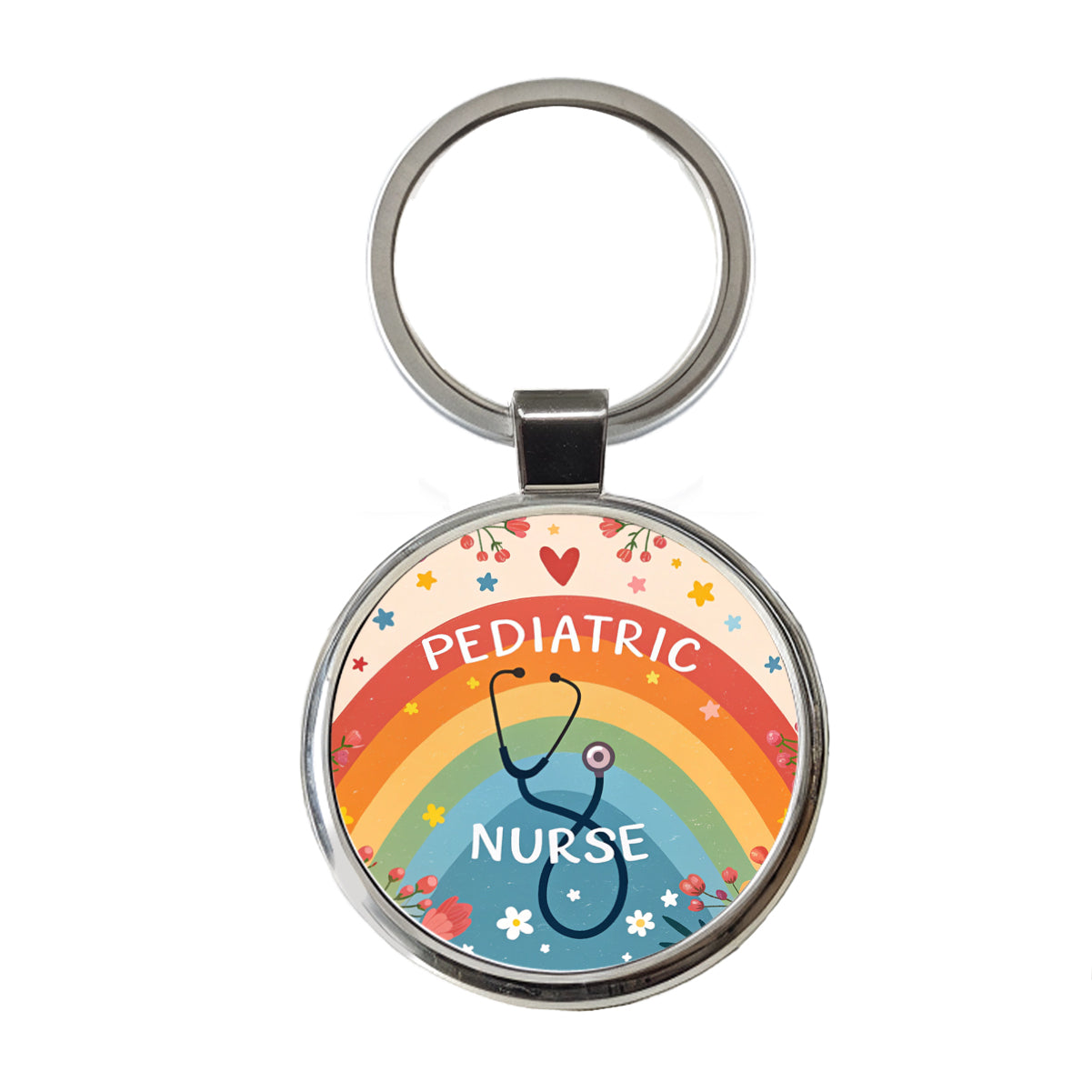 Pediatric Nurse Appreciation Stethoscope Flowers Round Metal Keychain