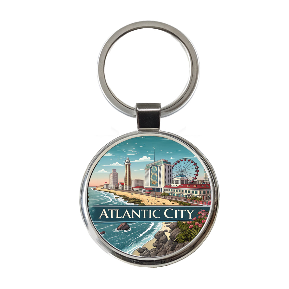 Atlantic City, New Jersey NJ Travel City State Stamp Round Metal Keychain
