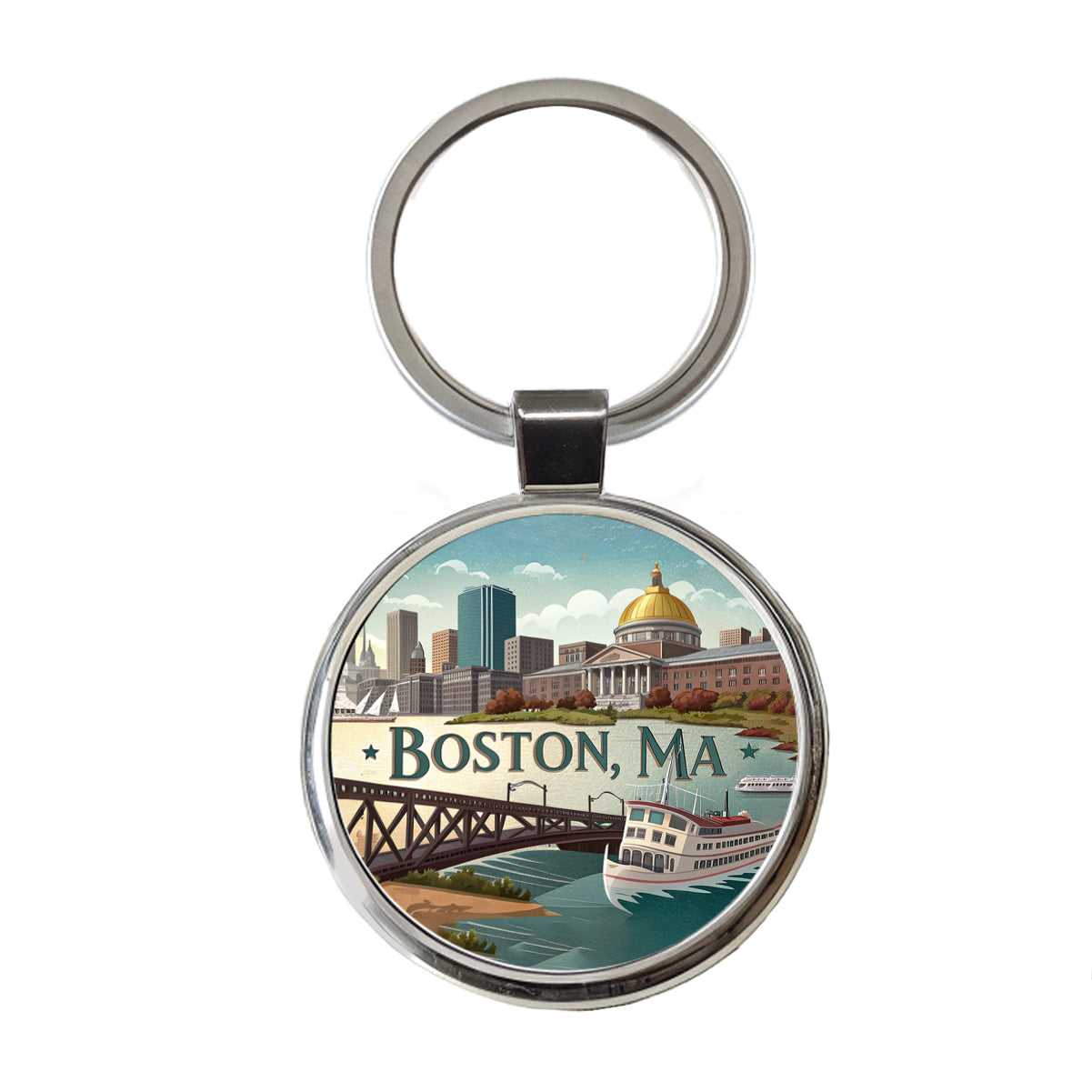 Boston, Massachusetts MA Travel City State Stamp Round Metal Keychain
