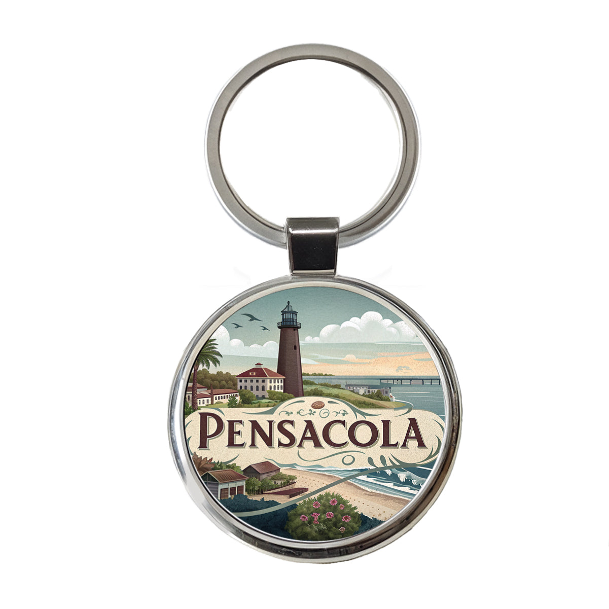 Pensacola, Florida FL Travel City State Stamp Round Metal Keychain