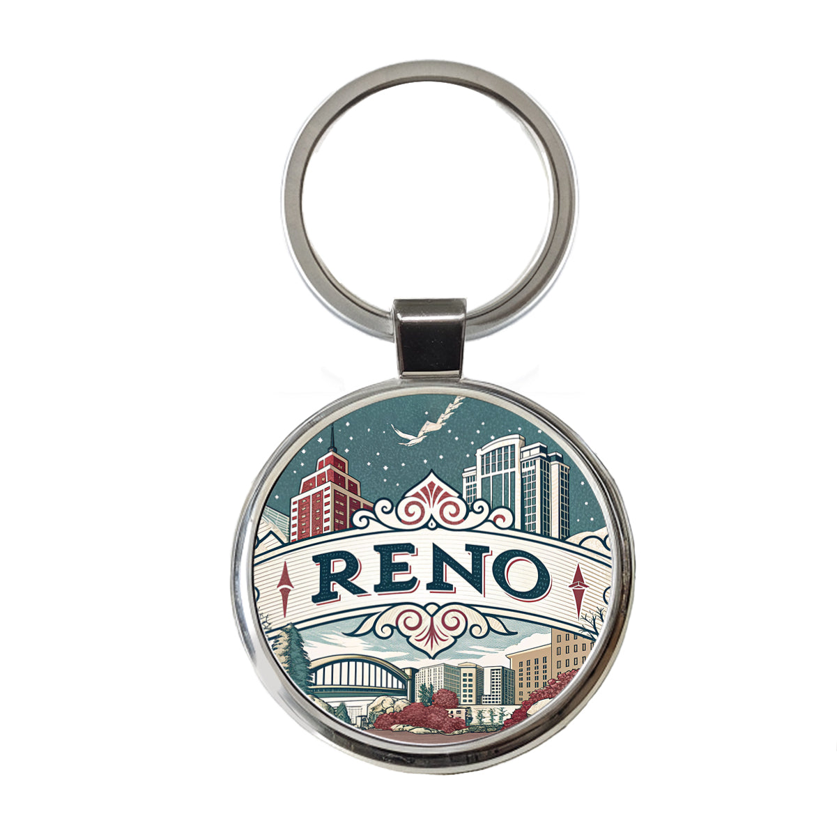 Reno, Nevada NV Travel City State Stamp Round Metal Keychain