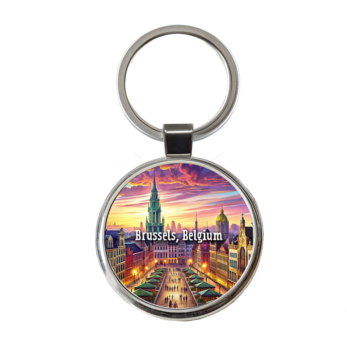 Brussels, Belgium Travel City Country Stamp Round Metal Keychain