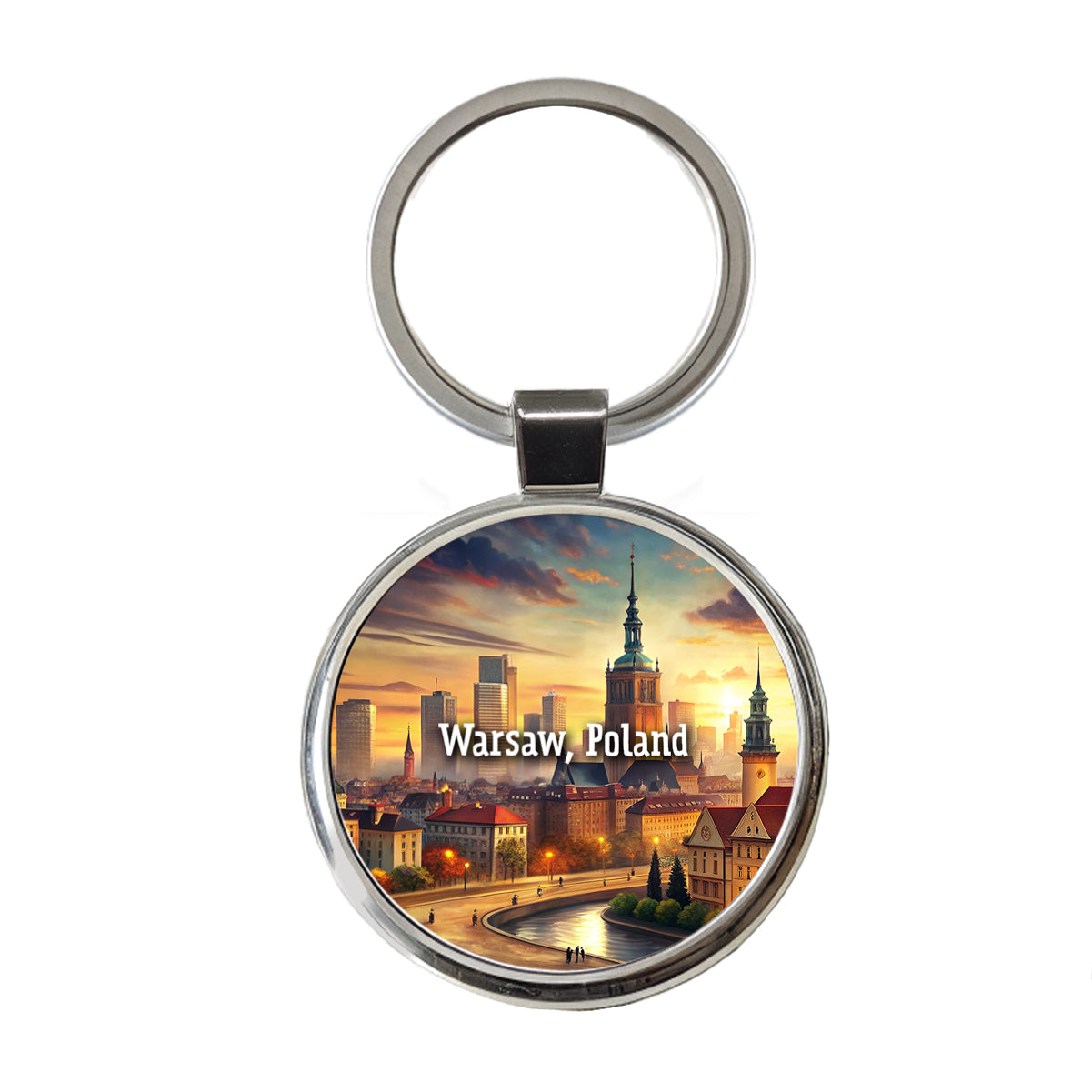 Warsaw, Poland Travel City Country Stamp Round Metal Keychain