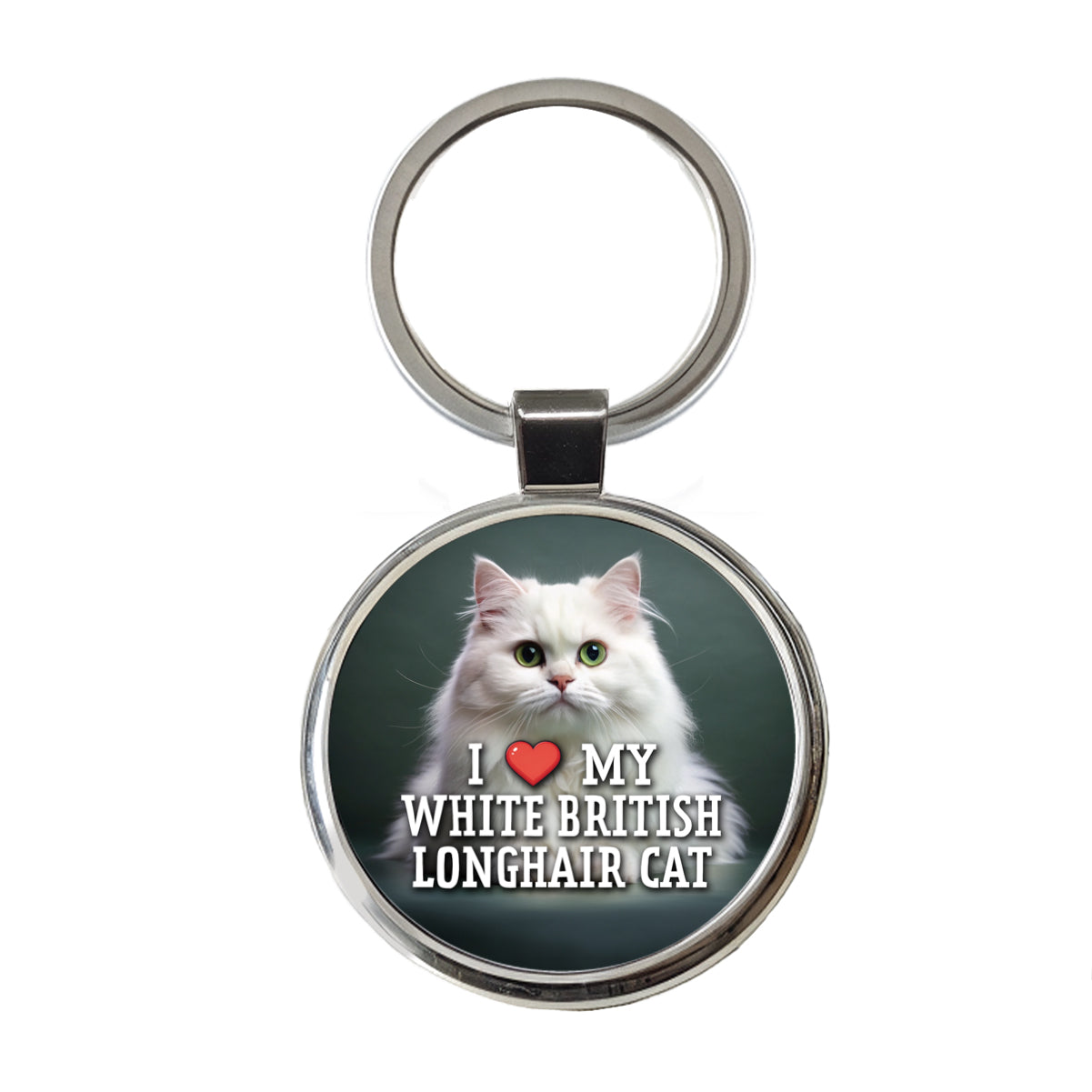 I Love My White British Longhair Cat Heart Round Metal Keychain