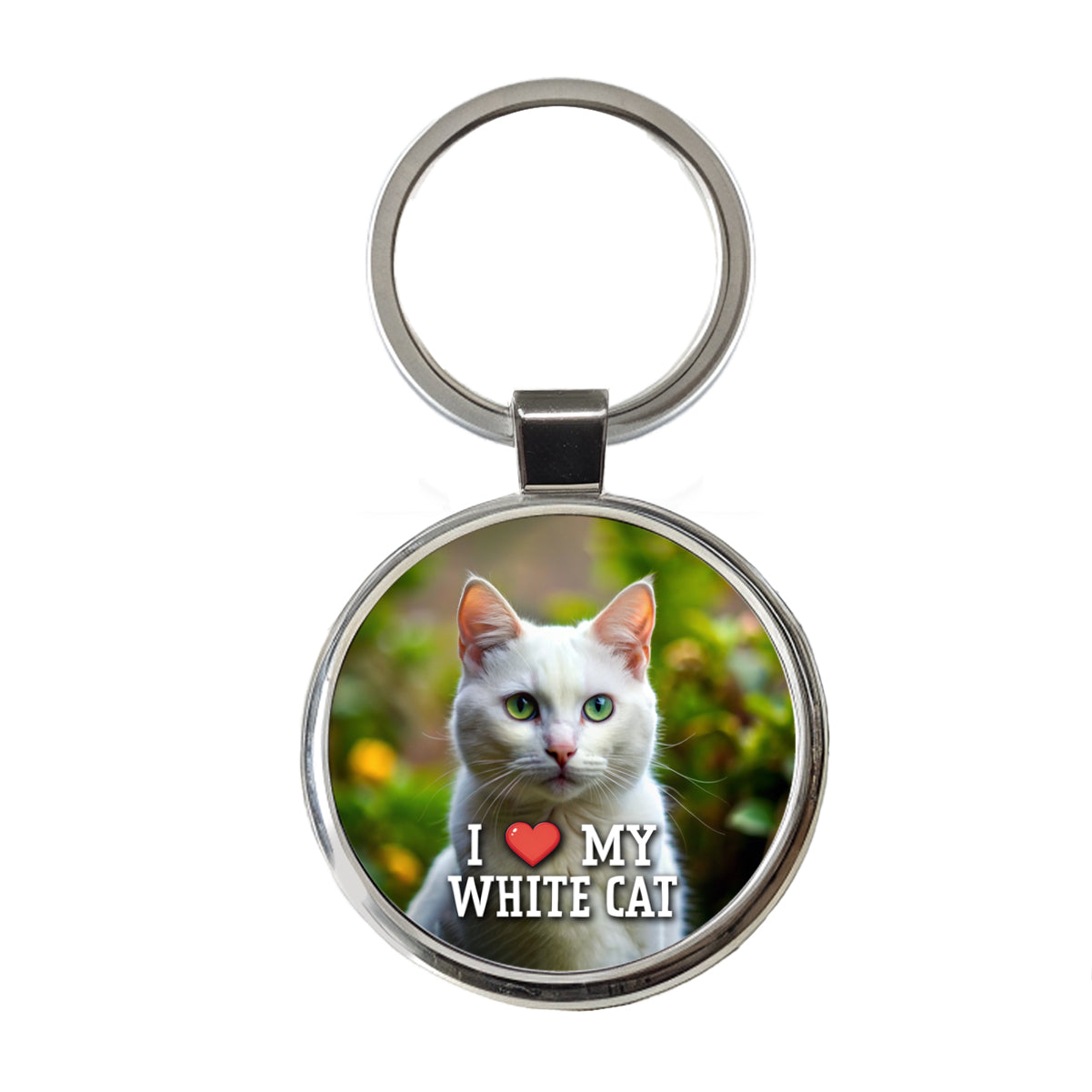 I Love My White Cat Heart Round Metal Keychain
