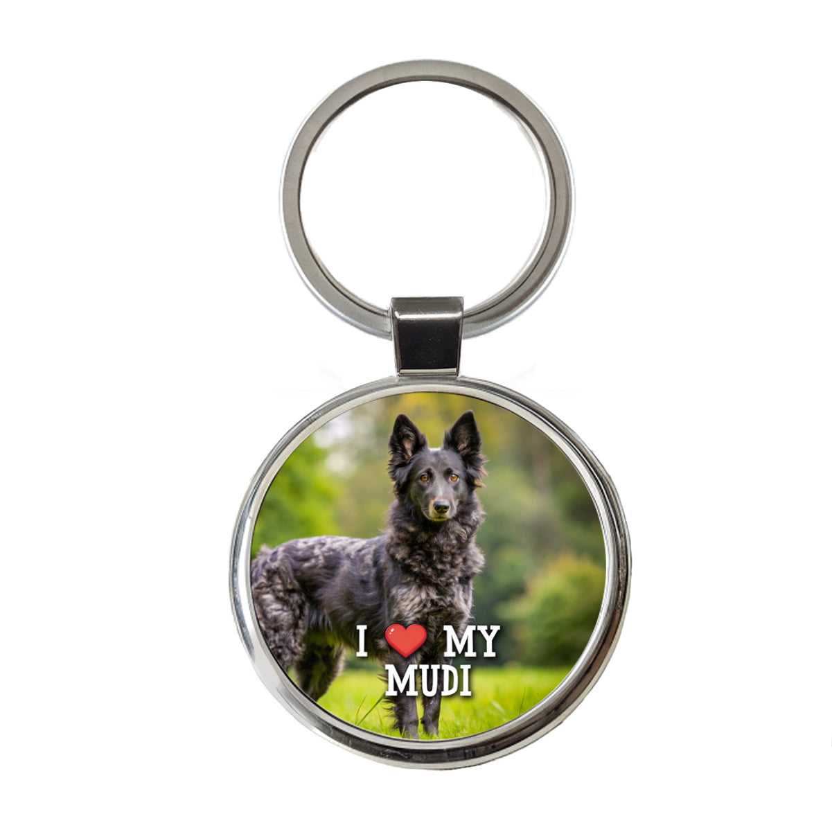 I Love My Mudi Dog Heart Round Metal Keychain