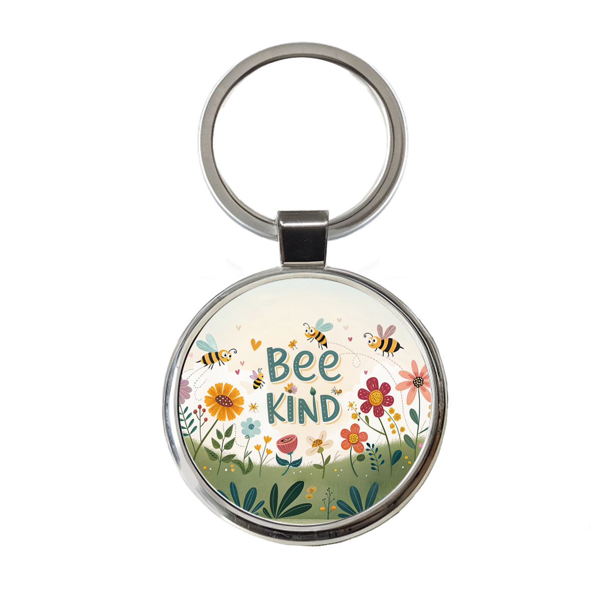 Be Bee Kind With Floral Bees Design Round Metal Keychain
