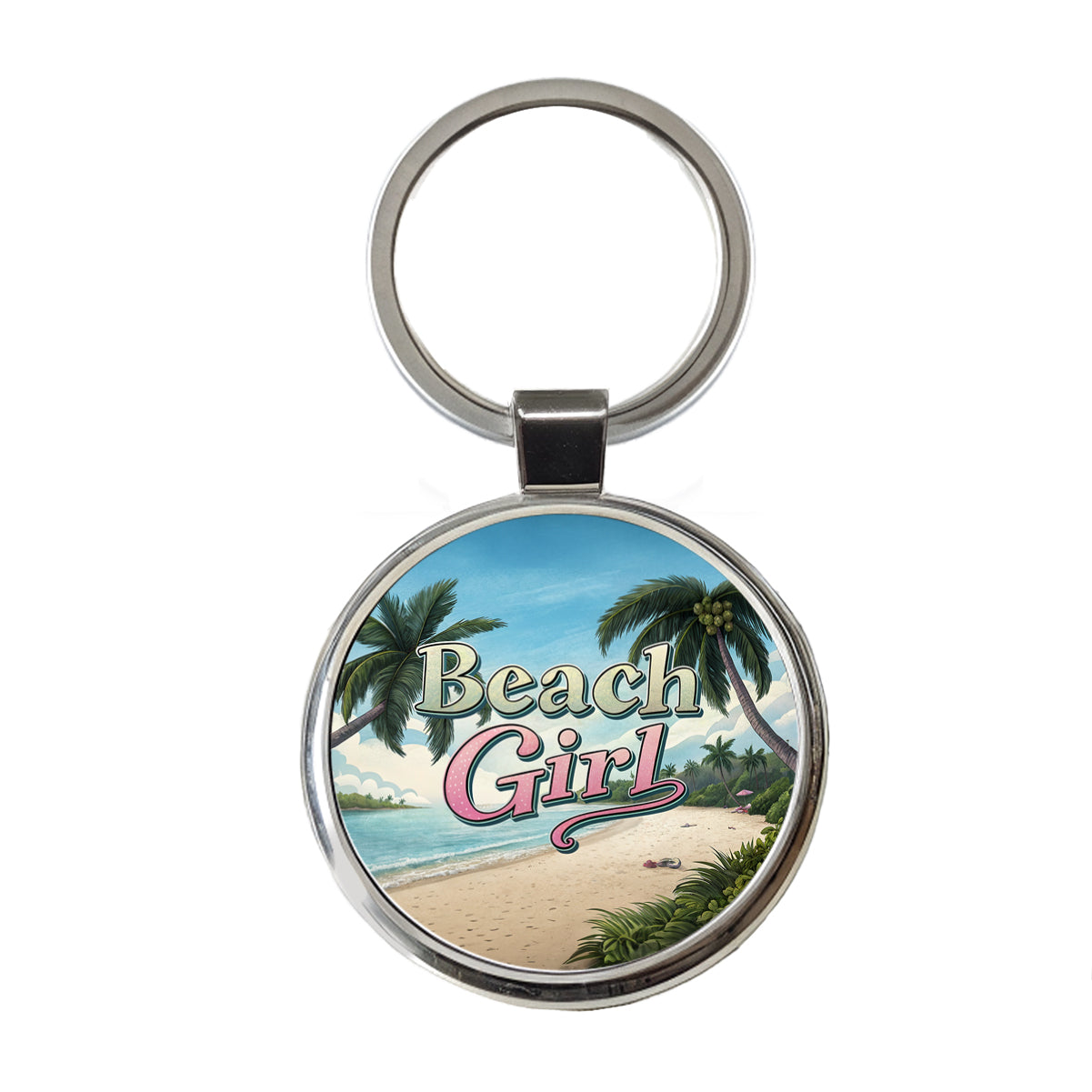Beach Girl Tropical Beach Palm Trees Round Metal Keychain
