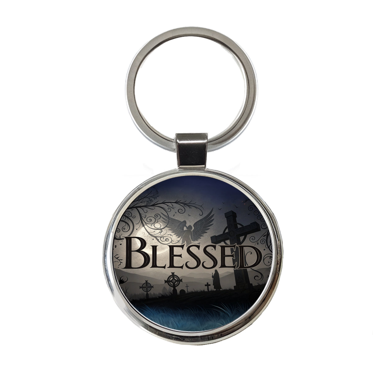 Blessed Angels Crosses Religious Round Metal Keychain