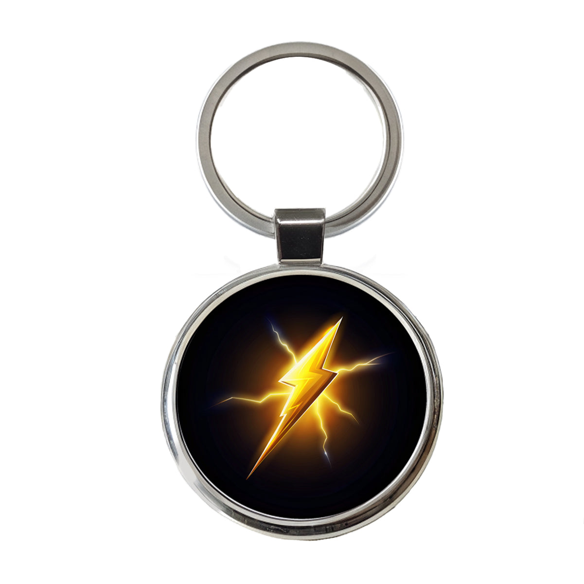 Cartoon Lightning Bolt On Black Round Metal Keychain