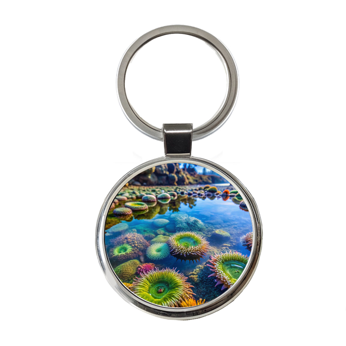 Colorful Ocean Beach Tide Pool Round Metal Keychain