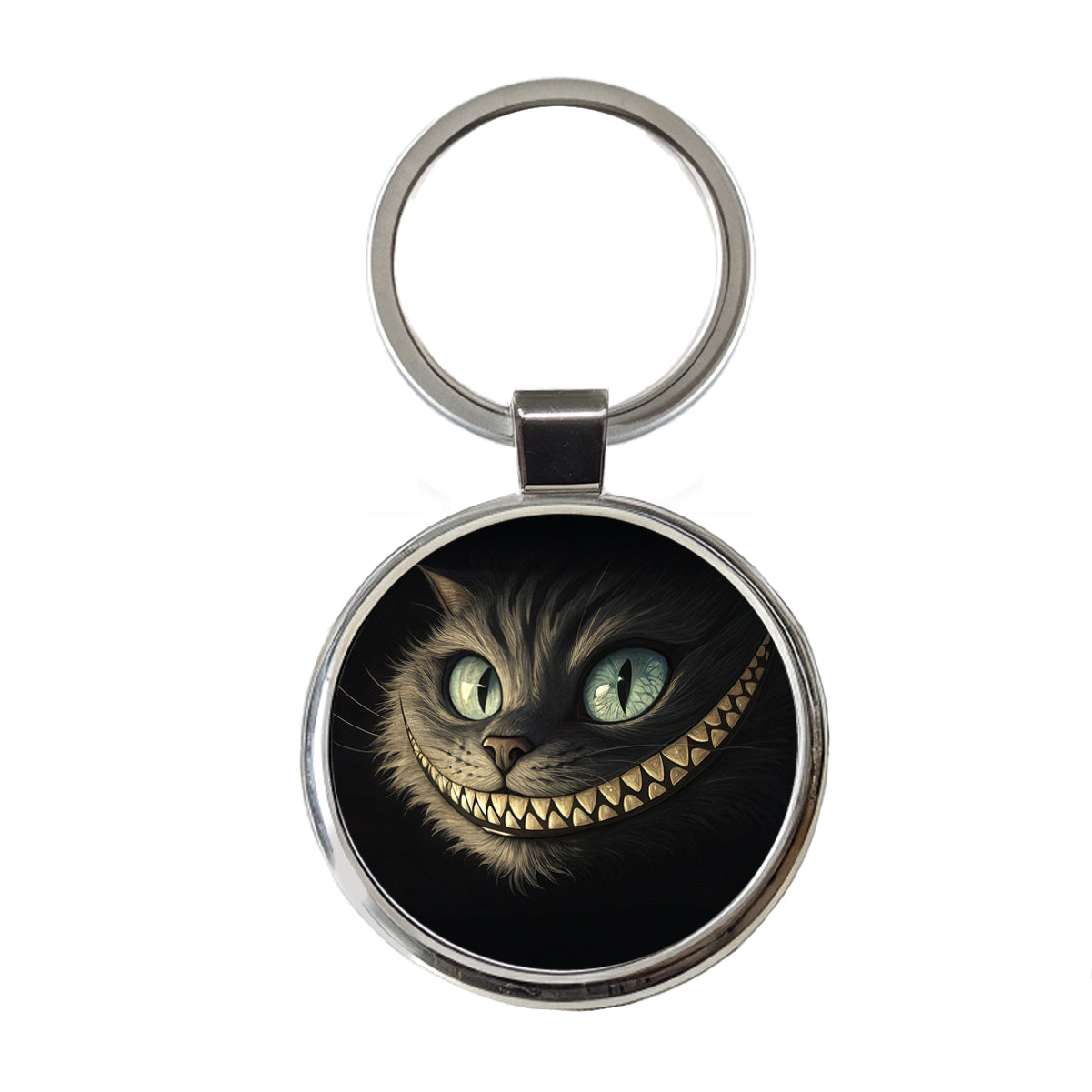 Funny Cheshire Cat Grin on Black Round Metal Keychain