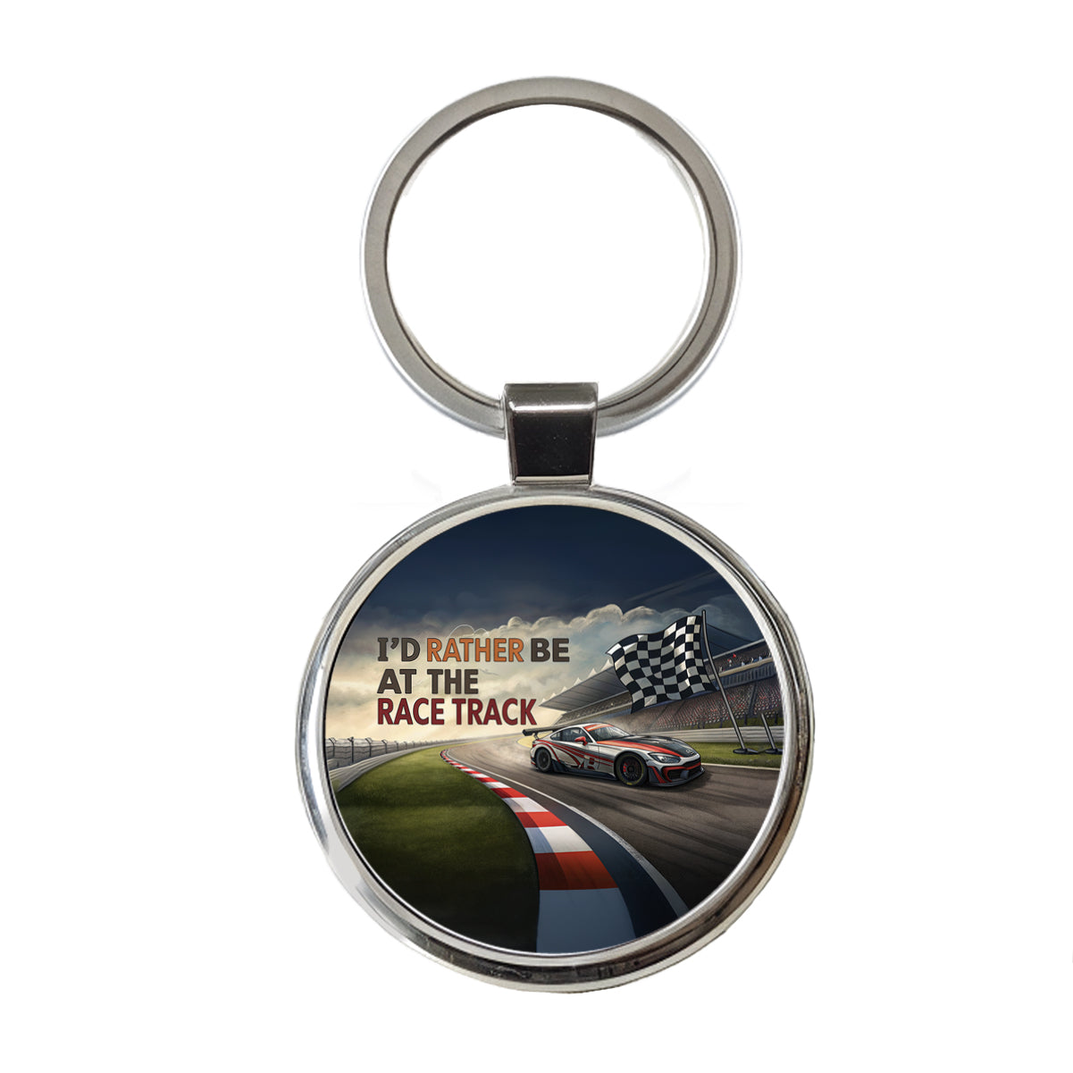 I'd Rather Be At The Race Track Checkered Flag Round Metal Keychain