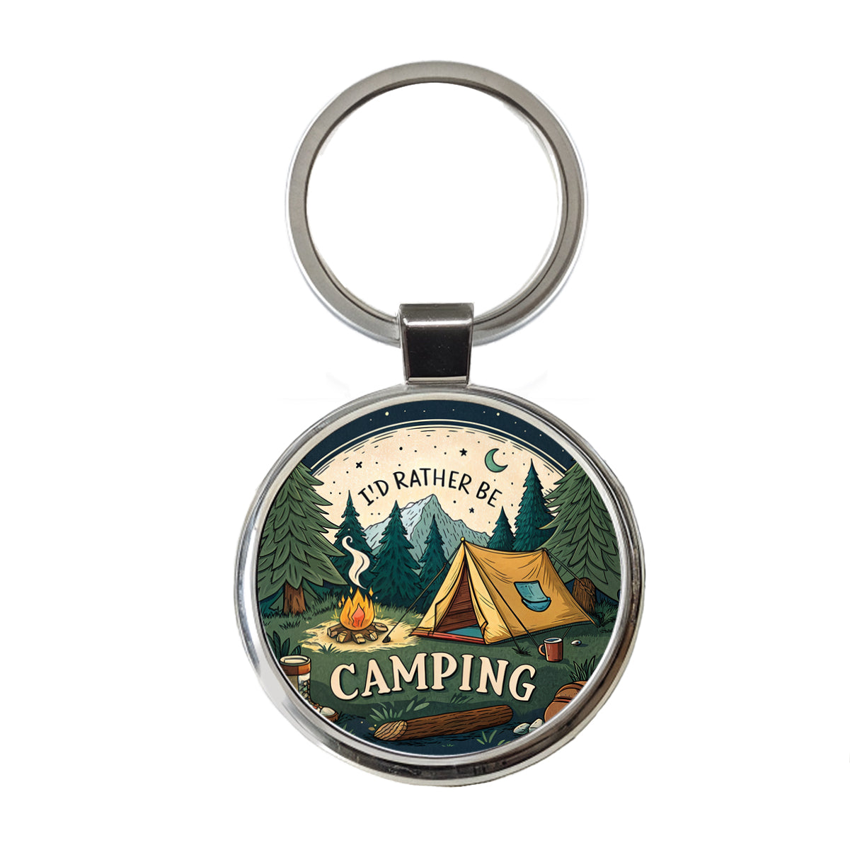 I'd Rather Be Camping Wilderness Tent Round Metal Keychain