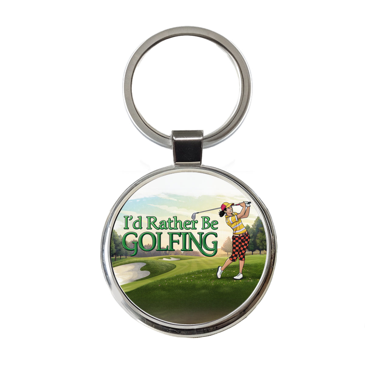 I'd Rather Be Golfing Woman Golfer Round Metal Keychain