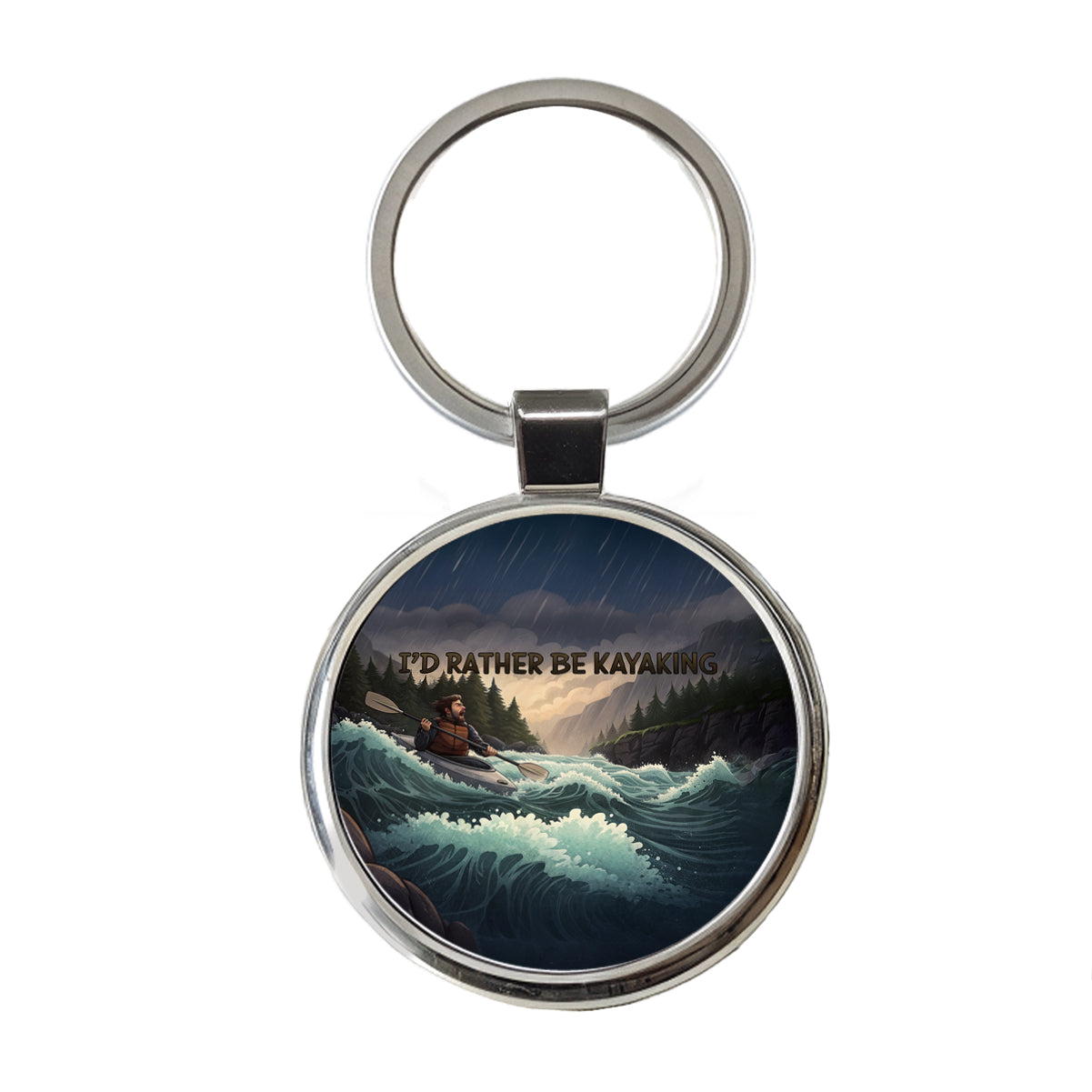 I'd Rather Be Kayaking Man Kayaker Raging River Round Metal Keychain