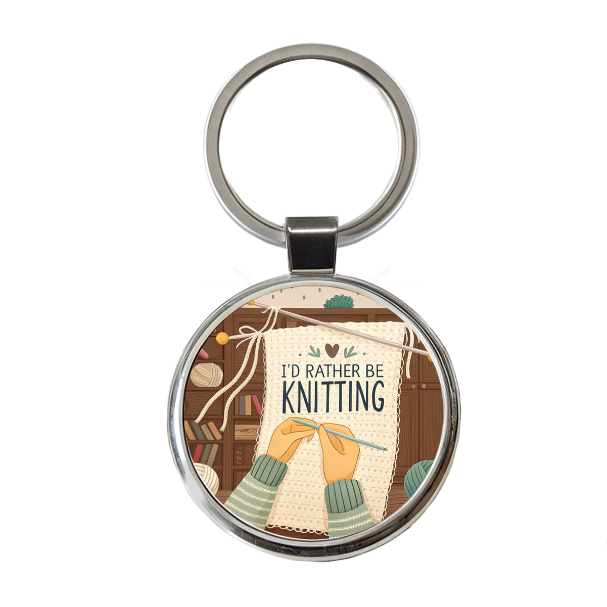 I'd Rather Be Knitting Knit Yarn Needles Round Metal Keychain