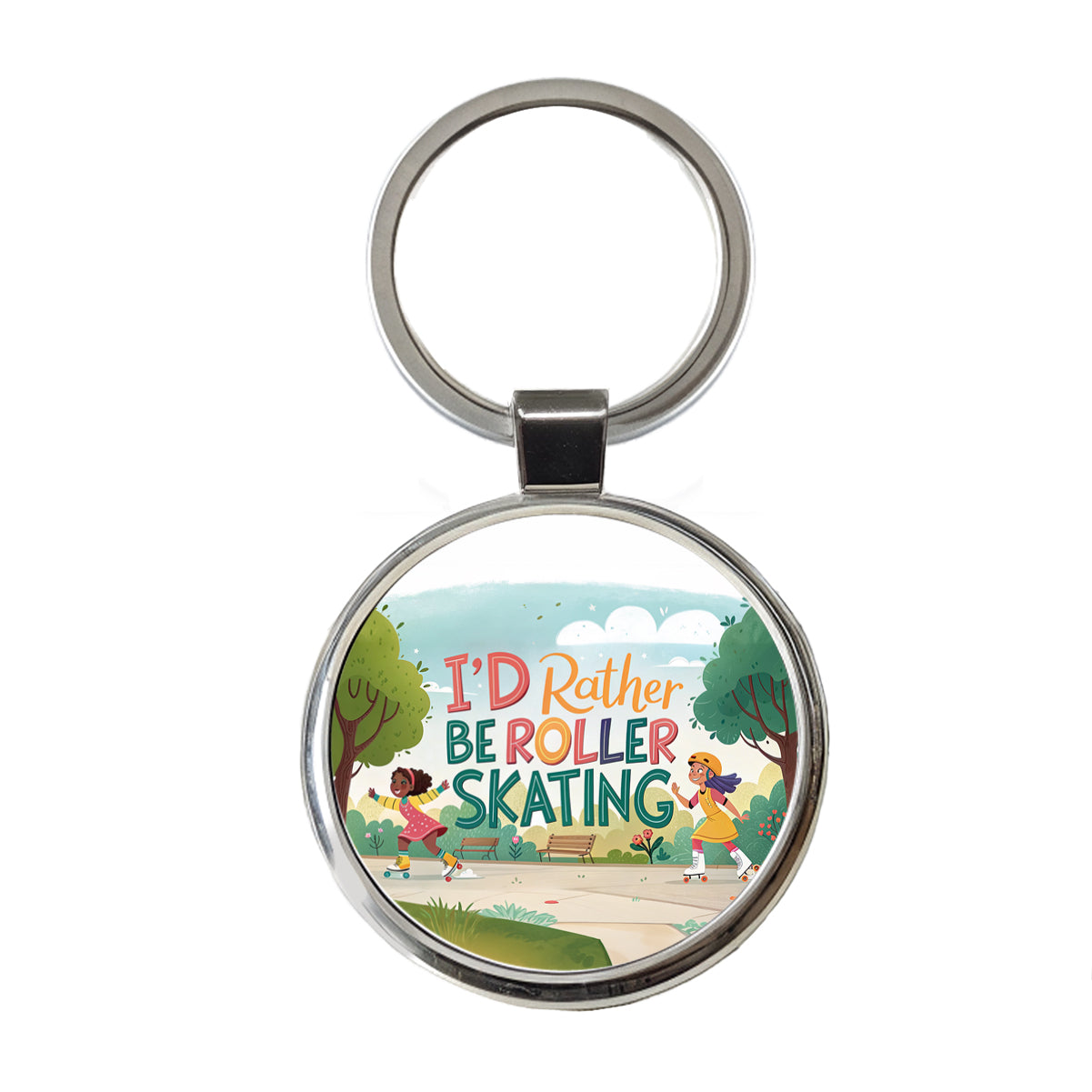 I'd Rather Be Roller Skating Cartoon Round Metal Keychain