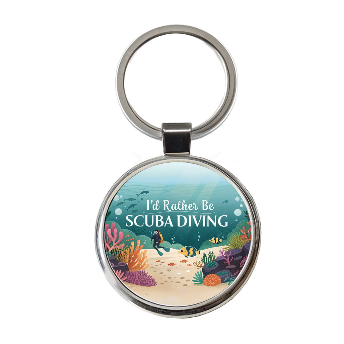I'd Rather Be Scuba Diving Diver Underwater Round Metal Keychain