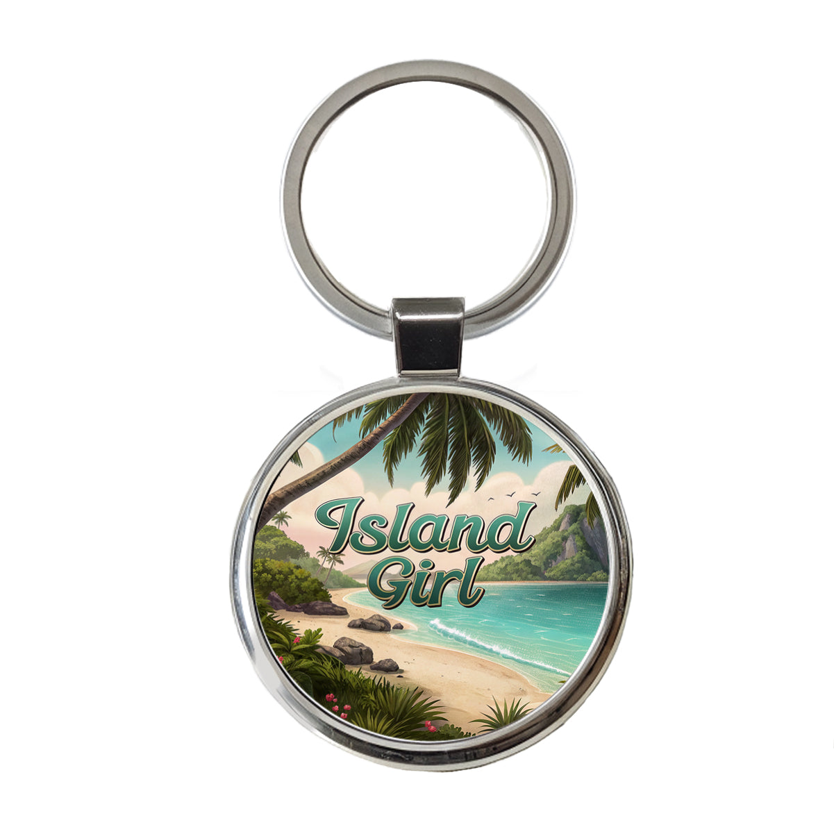 Island Girl Tropical Beach Palm Trees Round Metal Keychain