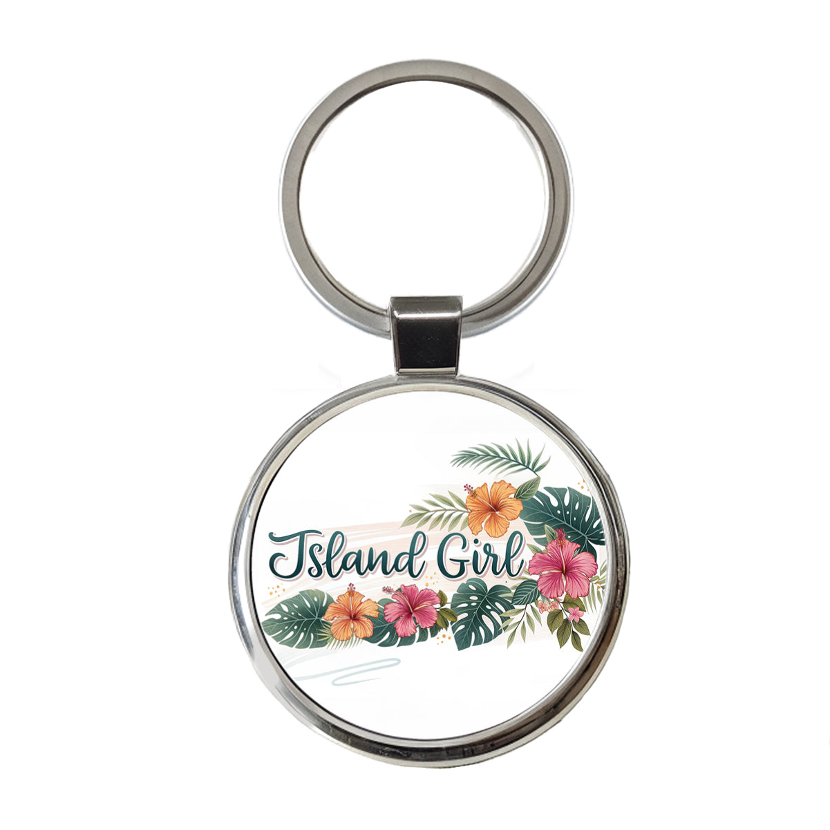 Island Girl Tropical Hibiscus Flowers Round Metal Keychain