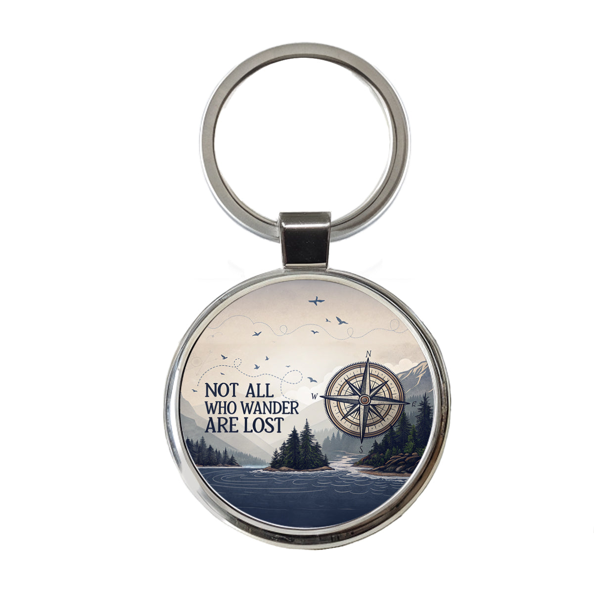 Not All Who Wander Are Lost Compass Hiking Round Metal Keychain
