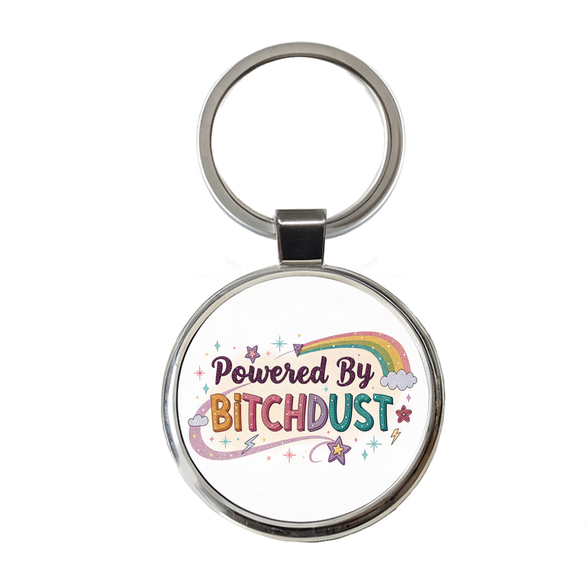 Powered By Bitchdust Sparkly Stars Rainbow Round Metal Keychain