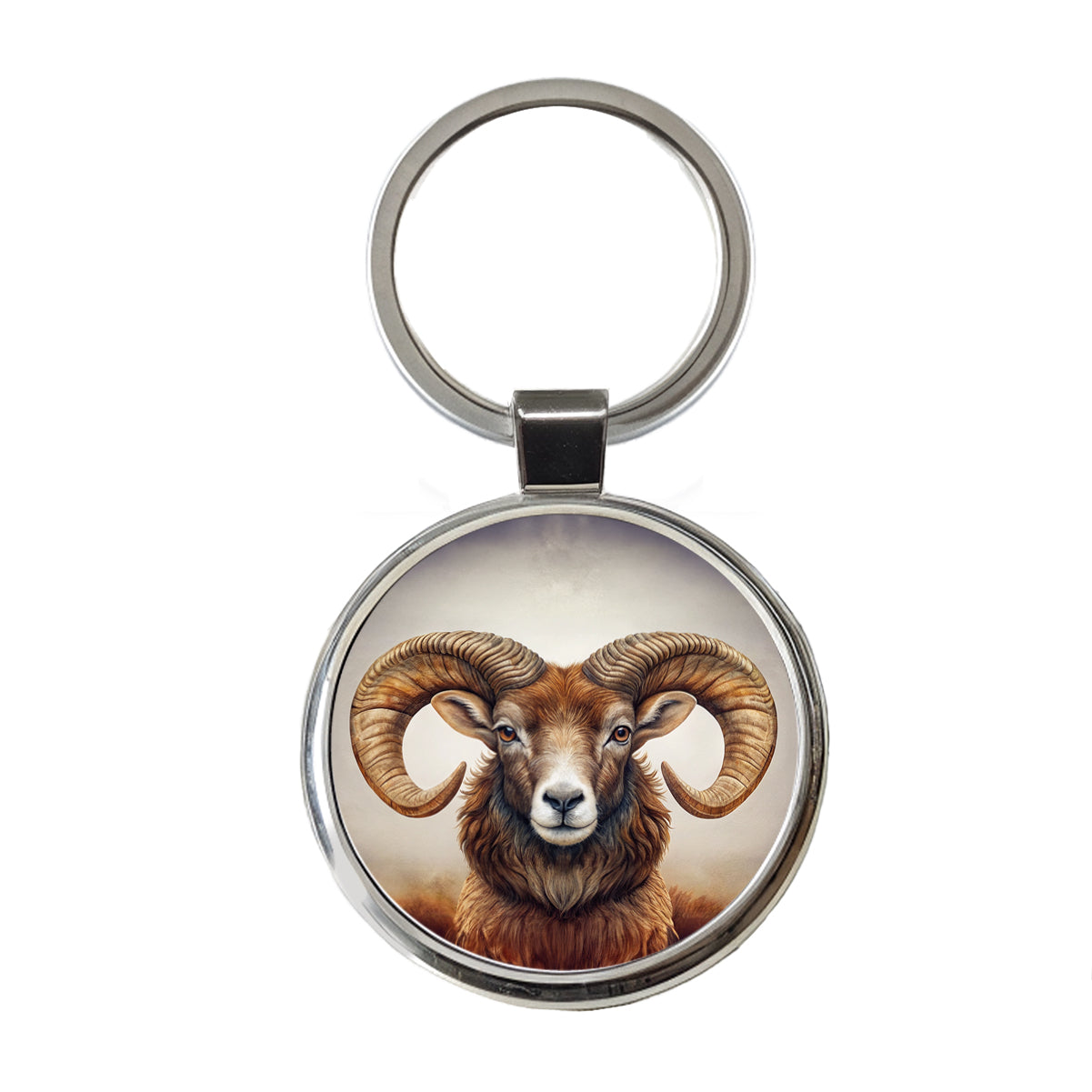 Ram's Head Round Metal Keychain
