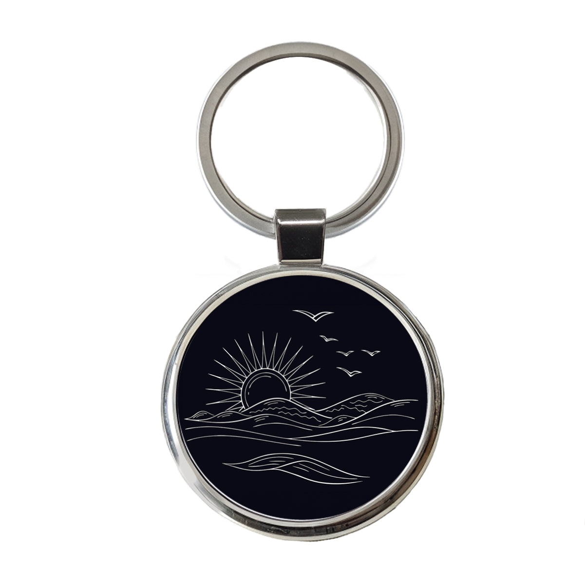 Sunrise And Ocean Wave Outline Illustration Round Metal Keychain