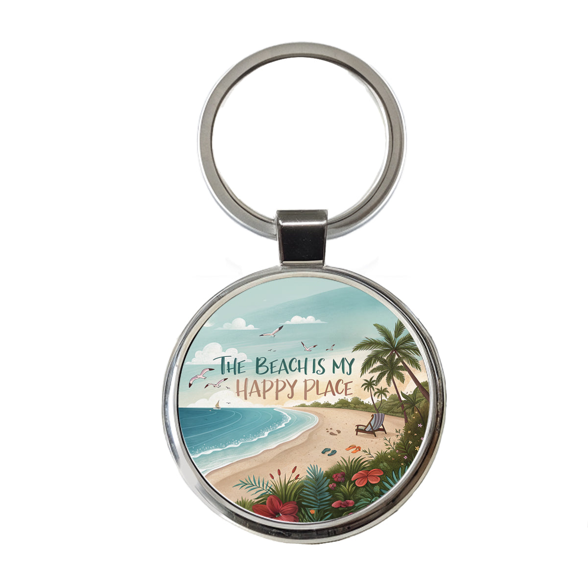 The Beach Is My Happy Place Funny Tropical Round Metal Keychain