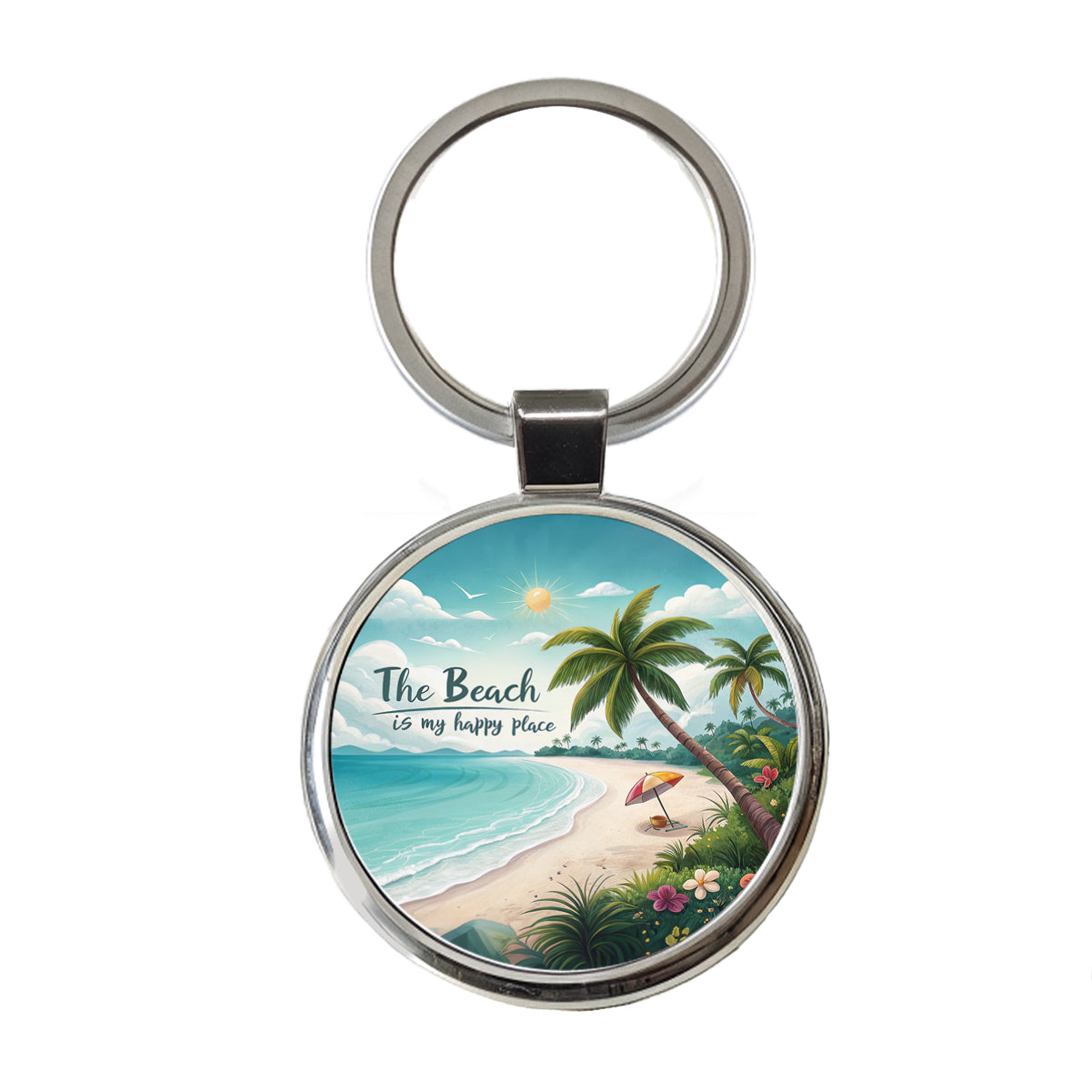 The Beach Is My Happy Place Tropical Round Metal Keychain