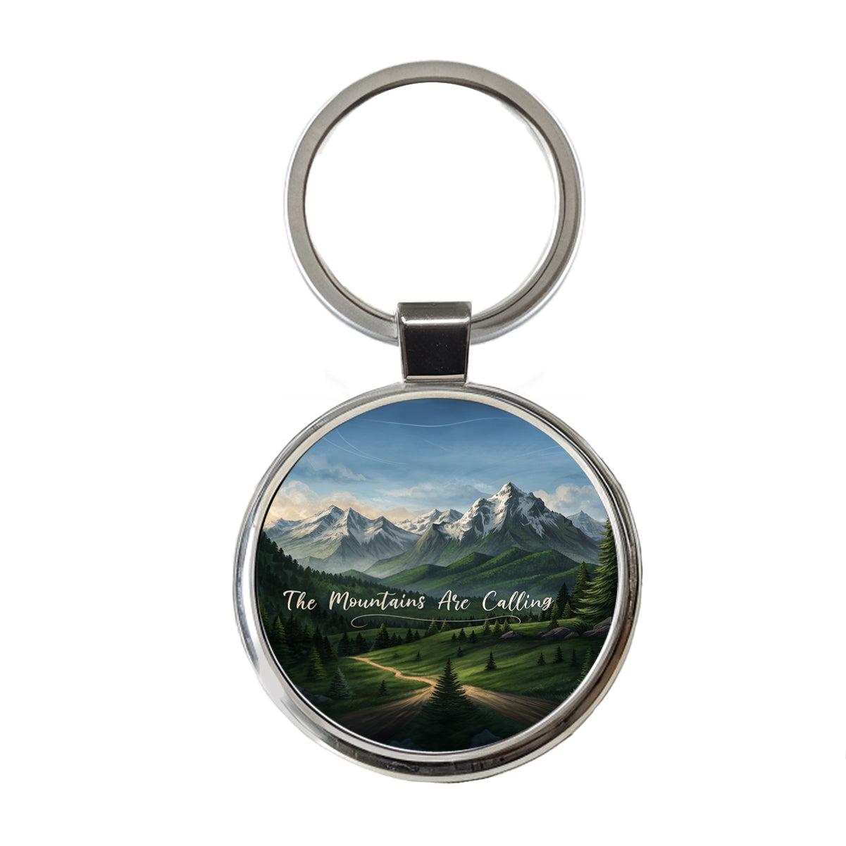 The Mountains Are Calling Hiking Camping Outdoors Adventure Round Metal Keychain