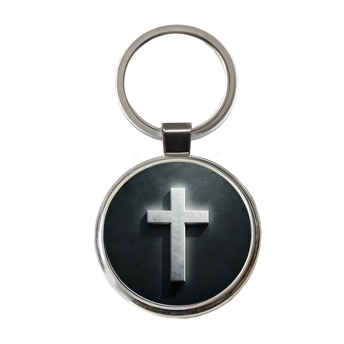 White Cross On Dark Background Religious Round Metal Keychain