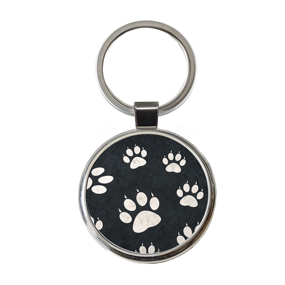 White Paw Prints On Black Pattern Round Metal Keychain
