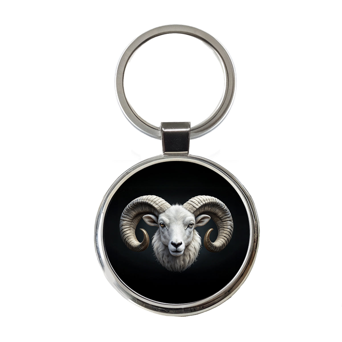 White Ram Head Round Metal Keychain