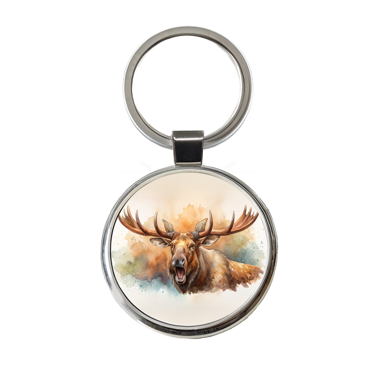 Angry Moose Watercolor Round Metal Keychain