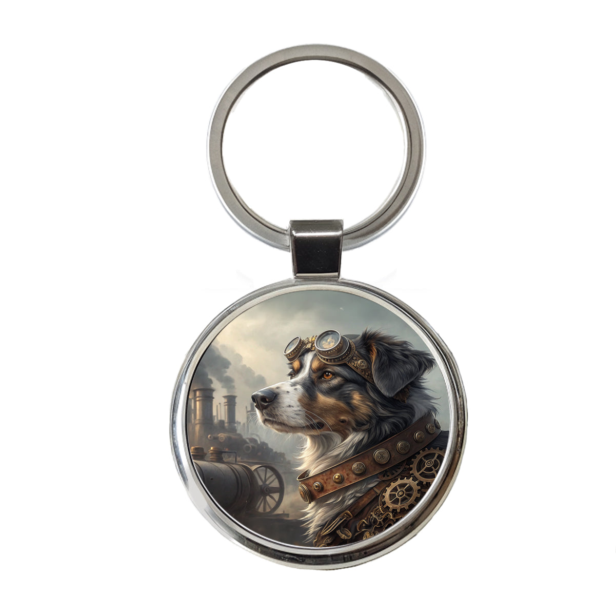 Australian Shepherd Dog Steampunk Round Metal Keychain