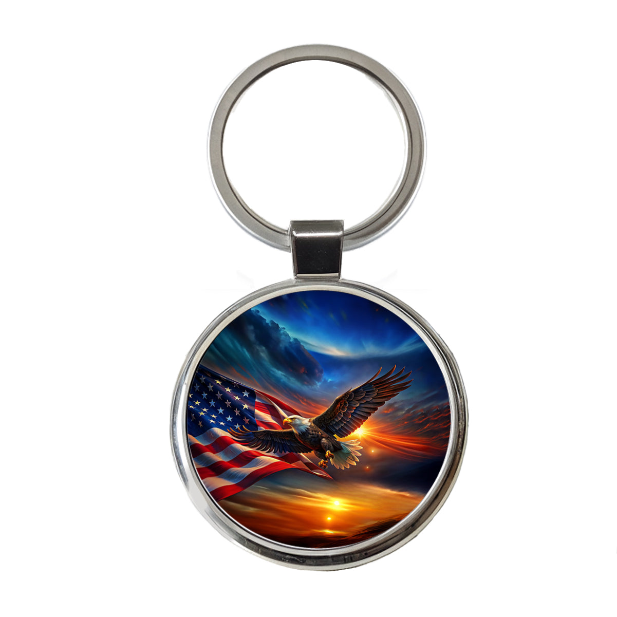 Awesome Patriotic American Flag and Flying Bald Eagle Round Metal Keychain
