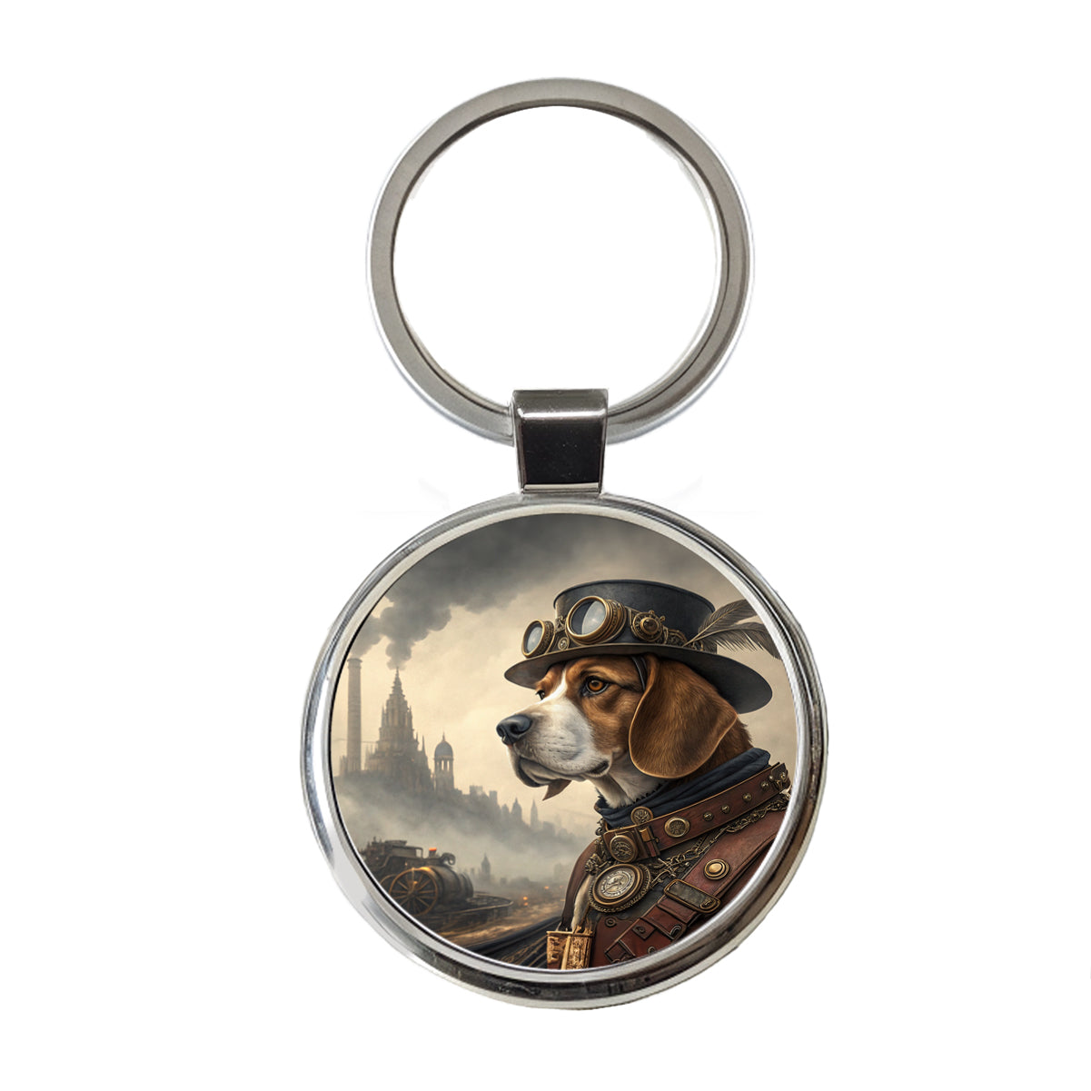 Beagle Dog Steampunk Round Metal Keychain
