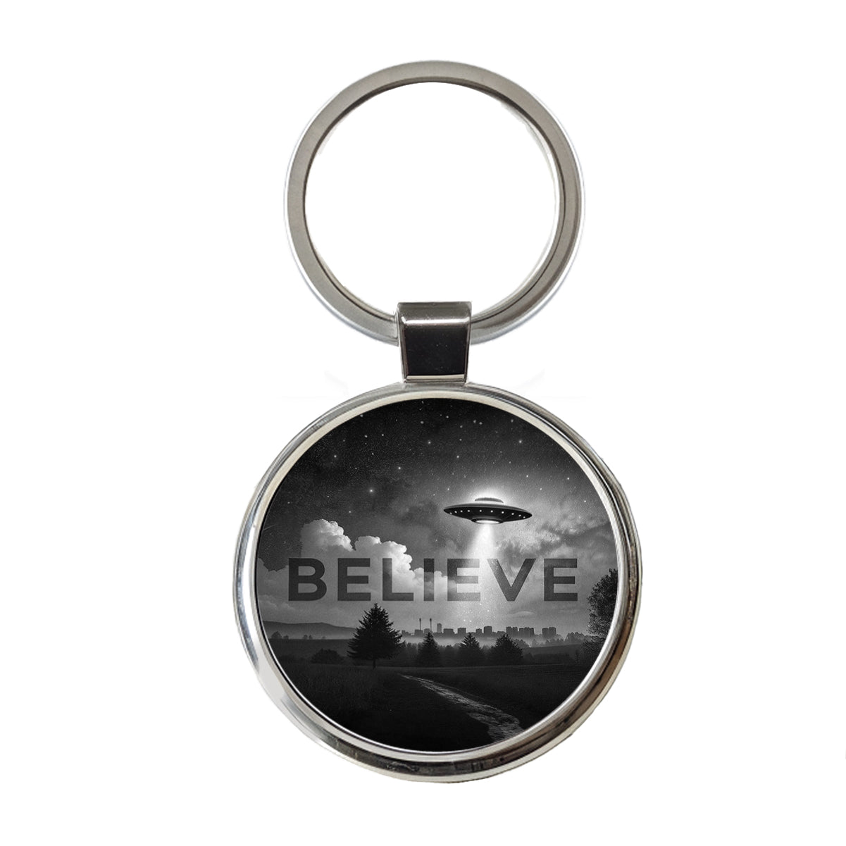Believe UFO Sci-Fi Fantasy Round Metal Keychain