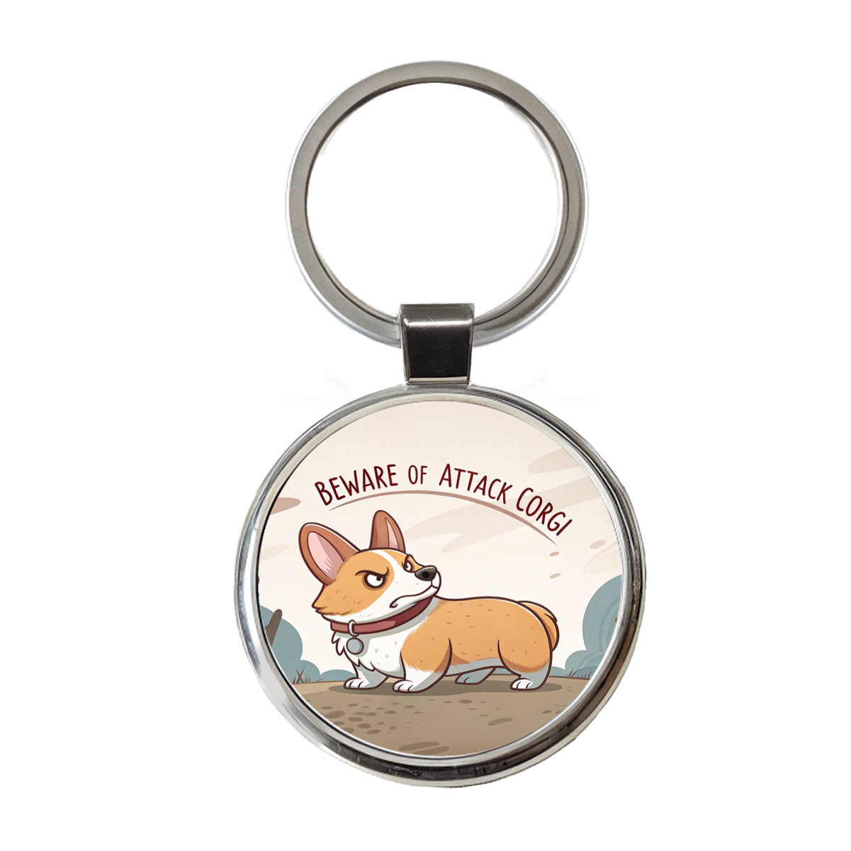 Beware Of Attack Corgi Dog Funny Round Metal Keychain