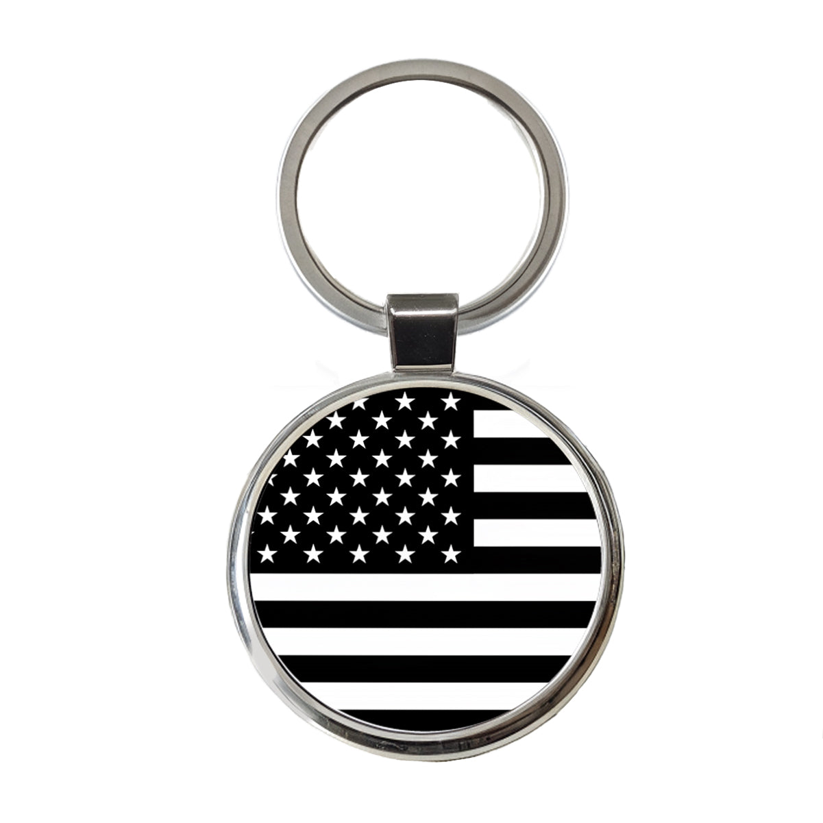 Black and White United States US American Flag Round Metal Keychain