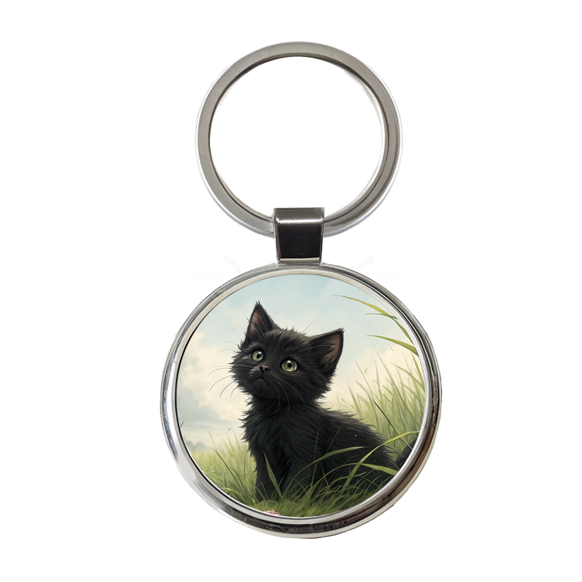 Black Kitten Cat in Field Round Metal Keychain