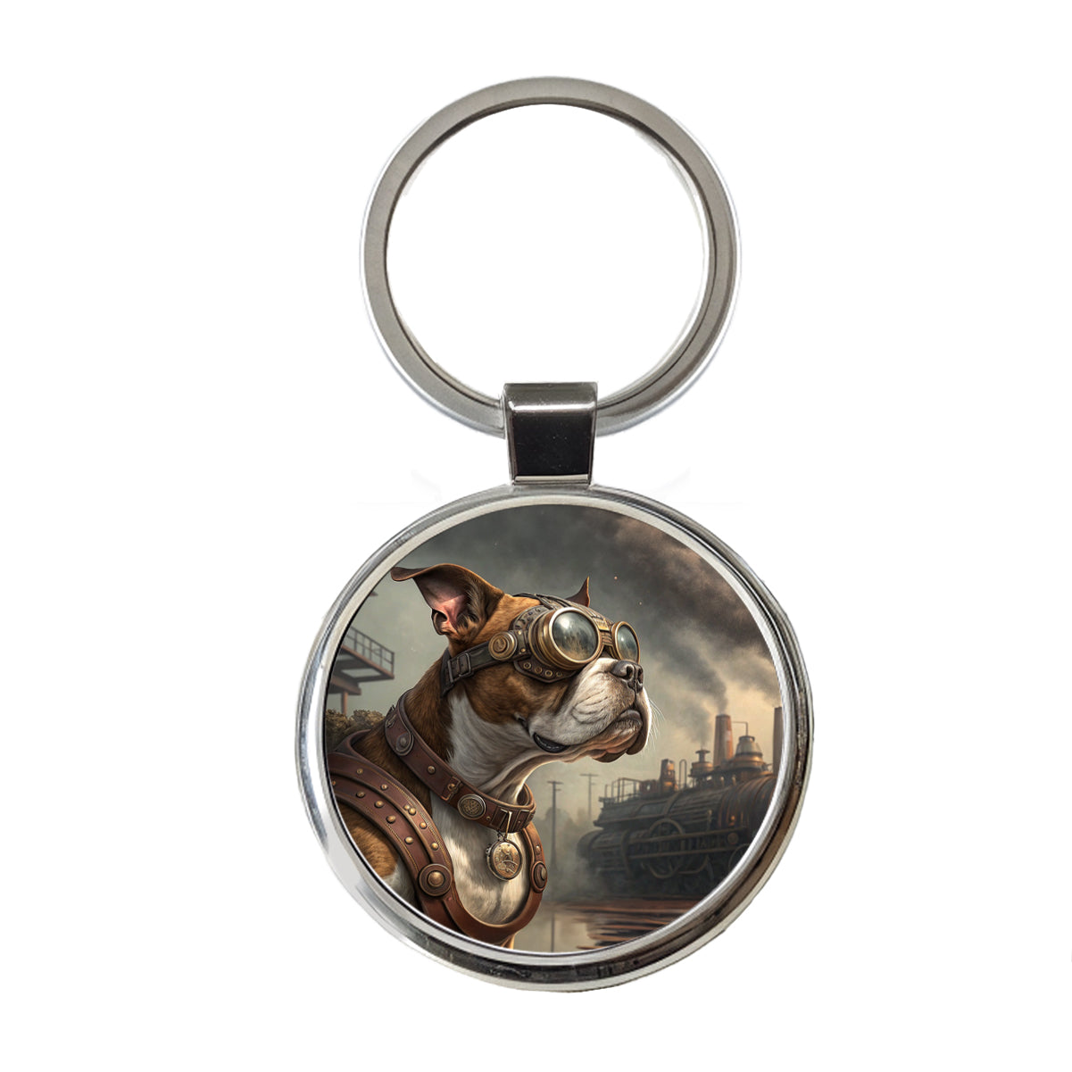 Boxer Dog Steampunk Round Metal Keychain