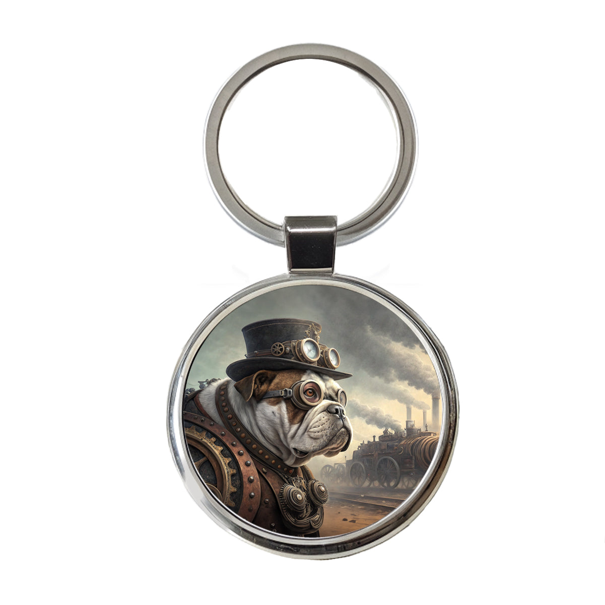 Bulldog Dog Steampunk Round Metal Keychain