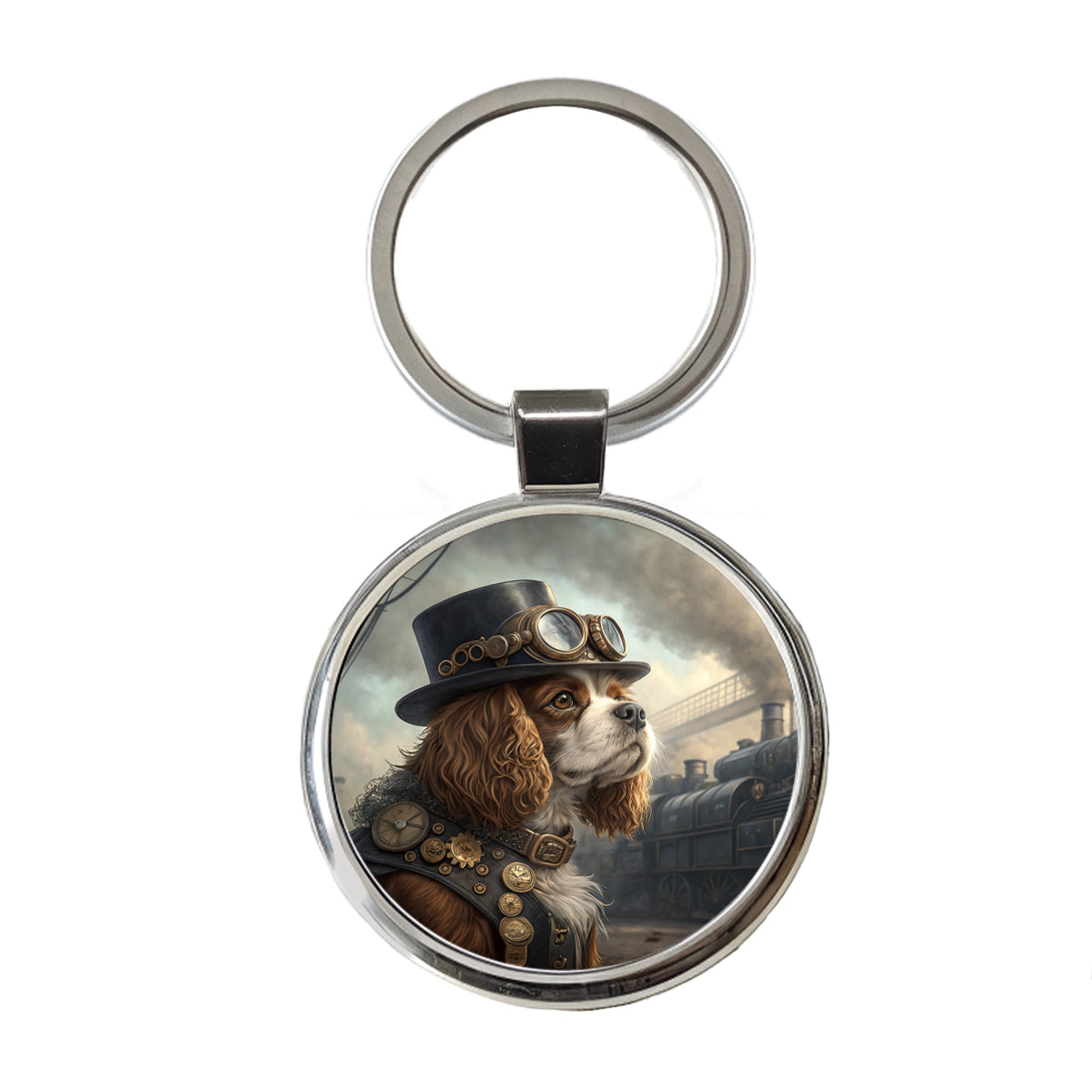 Cavalier King Charles Spaniel Dog Steampunk Round Metal Keychain