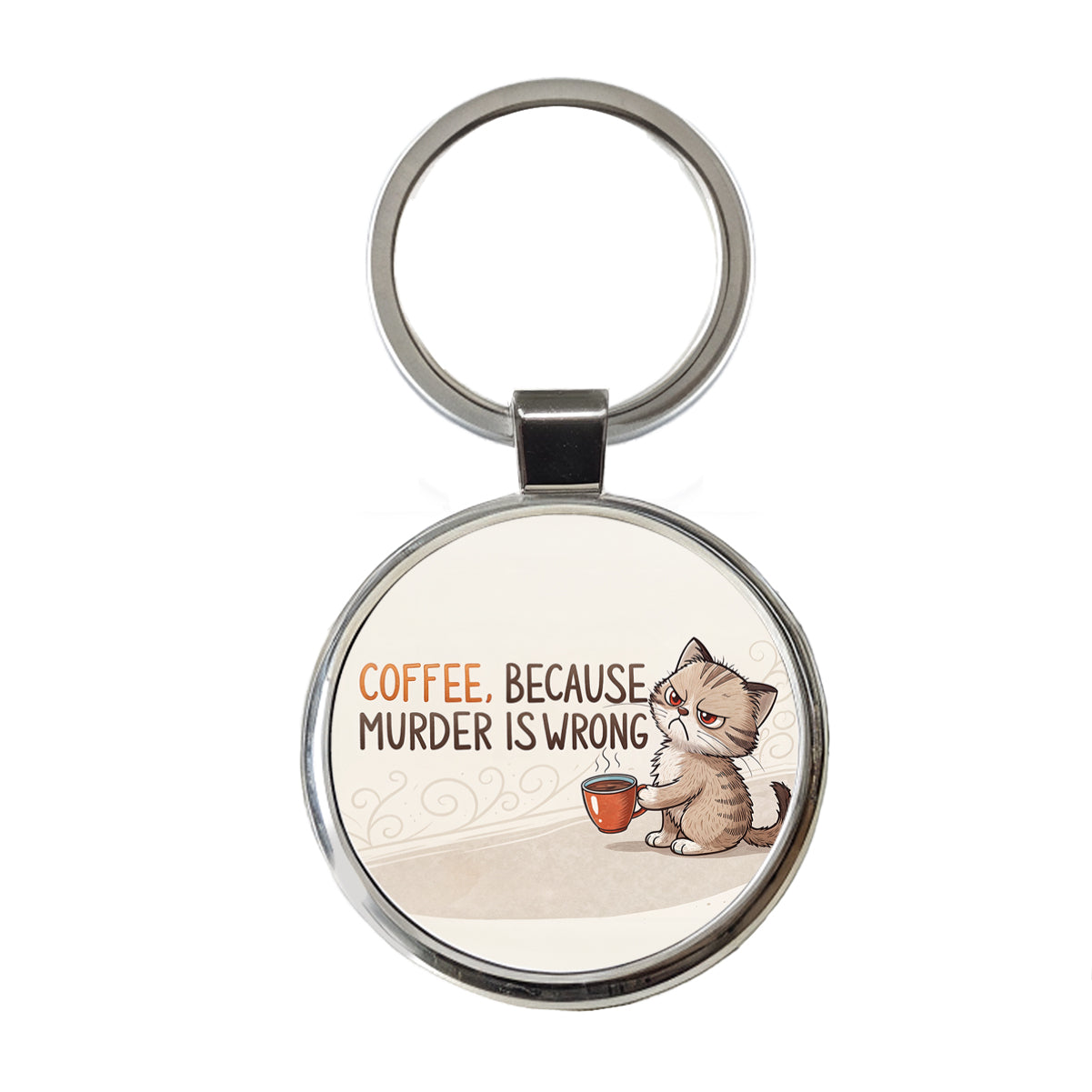 Coffee Because Murder Is Wrong Funny Angry Kitten Round Metal Keychain