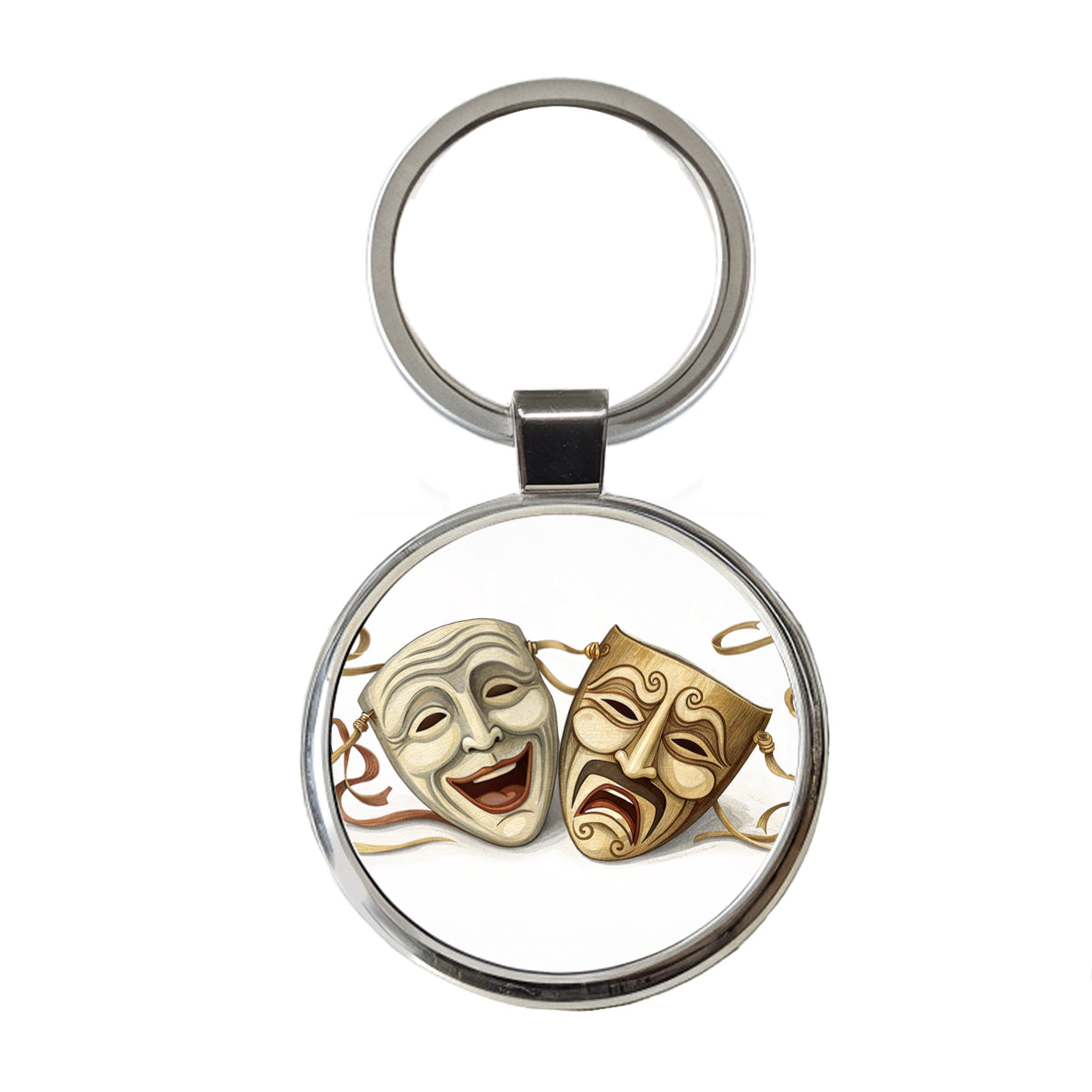 Comedy And Tragedy Theater Drama Masks Round Metal Keychain